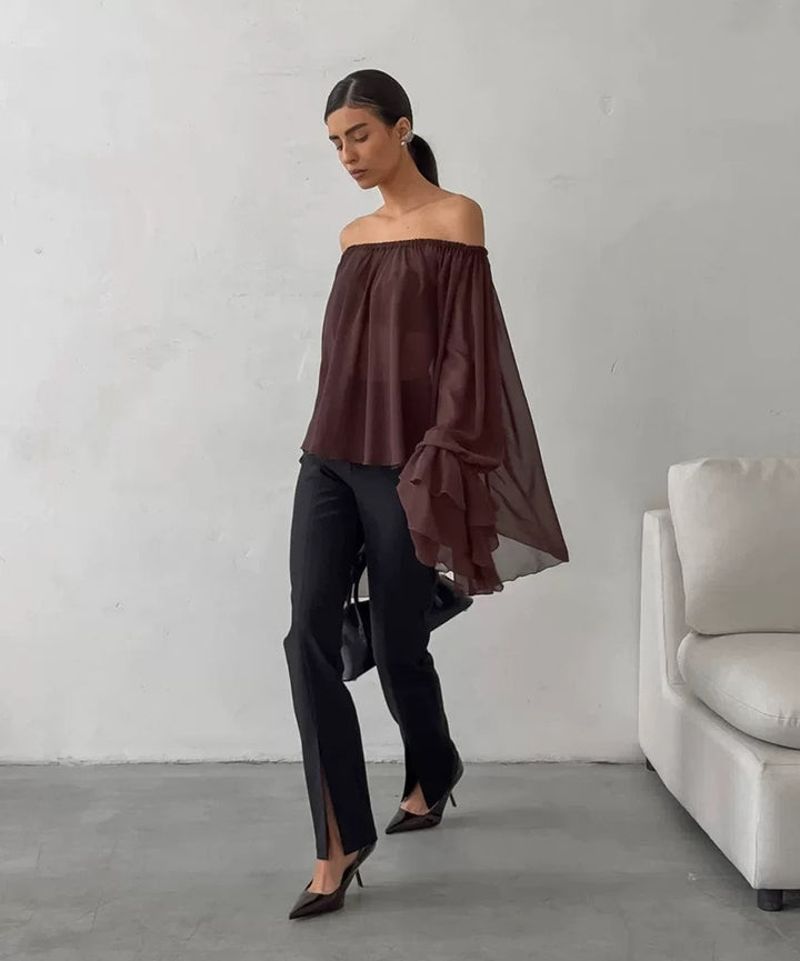 ティアードフリルオフショルダーシアーブラウス