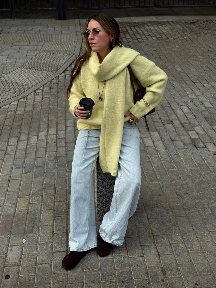 マフラー付きVネックセーター