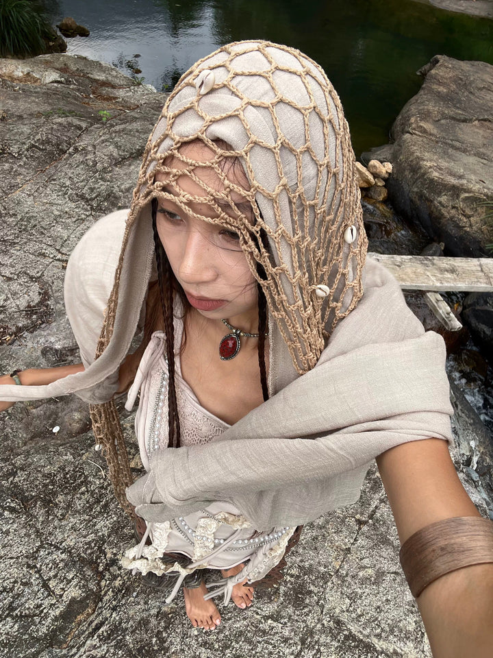 貝殻付きクロシェ大判ストール