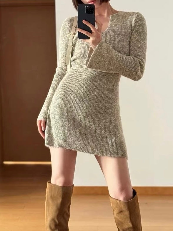 フレアスリーブメランジニットミニワンピース
