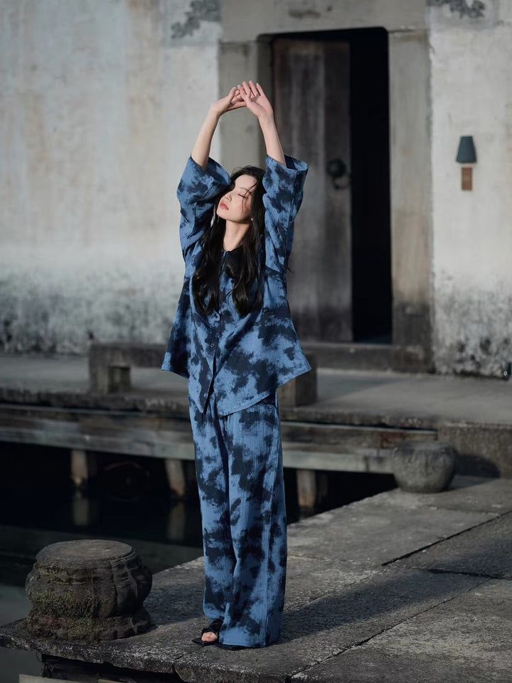 【wabi sabi】ニュアンスタイダイブルーコットンセットアップ