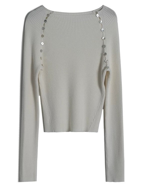 サイドシェルボタンリブニットトップス