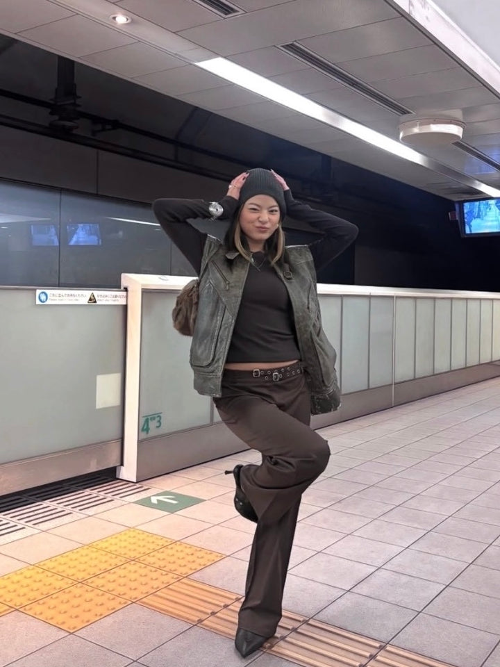 ダブルベルトストレートスラックスパンツ