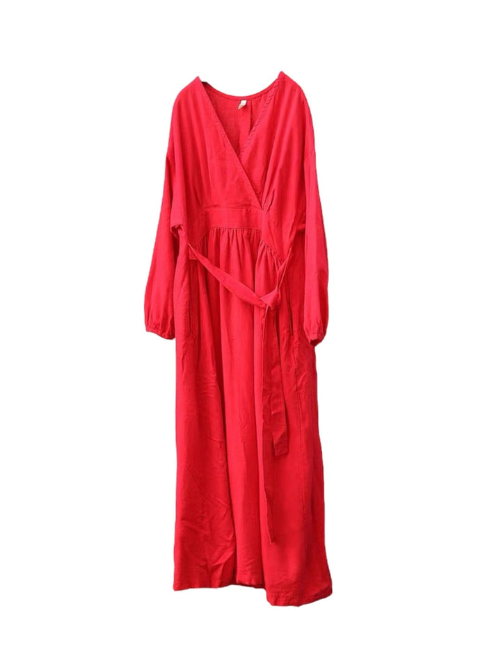 ナチュラルリネンフレア切り替えロングワンピース