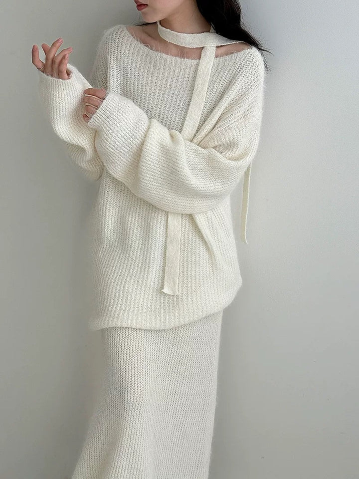 ウール混ニットリボン付きセータースカートセット