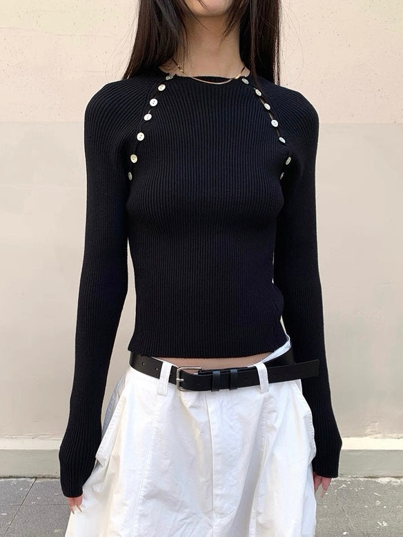 サイドシェルボタンリブニットトップス
