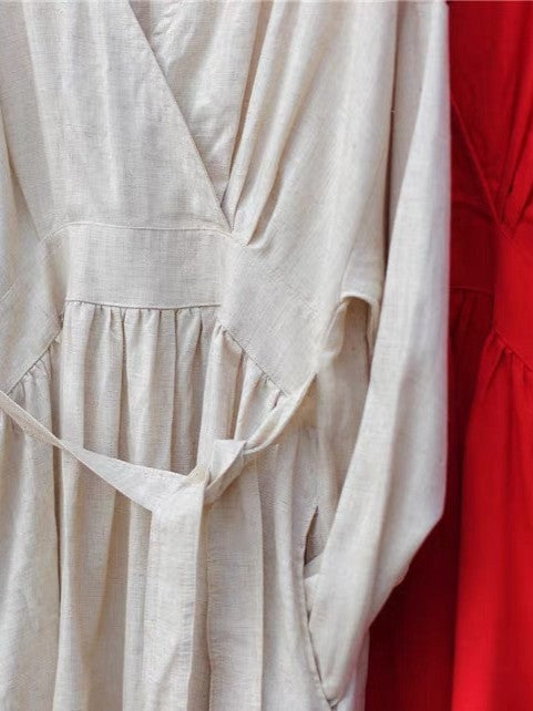 ナチュラルリネンフレア切り替えロングワンピース