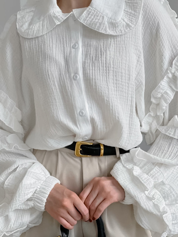 フリルスリーブモスリンコットンシャツ