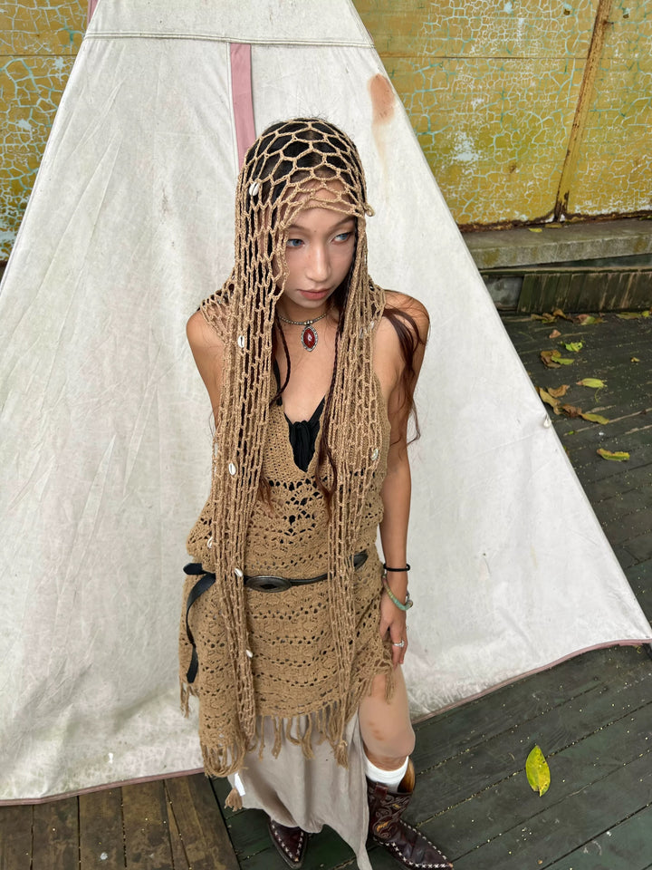 貝殻付きクロシェ大判ストール