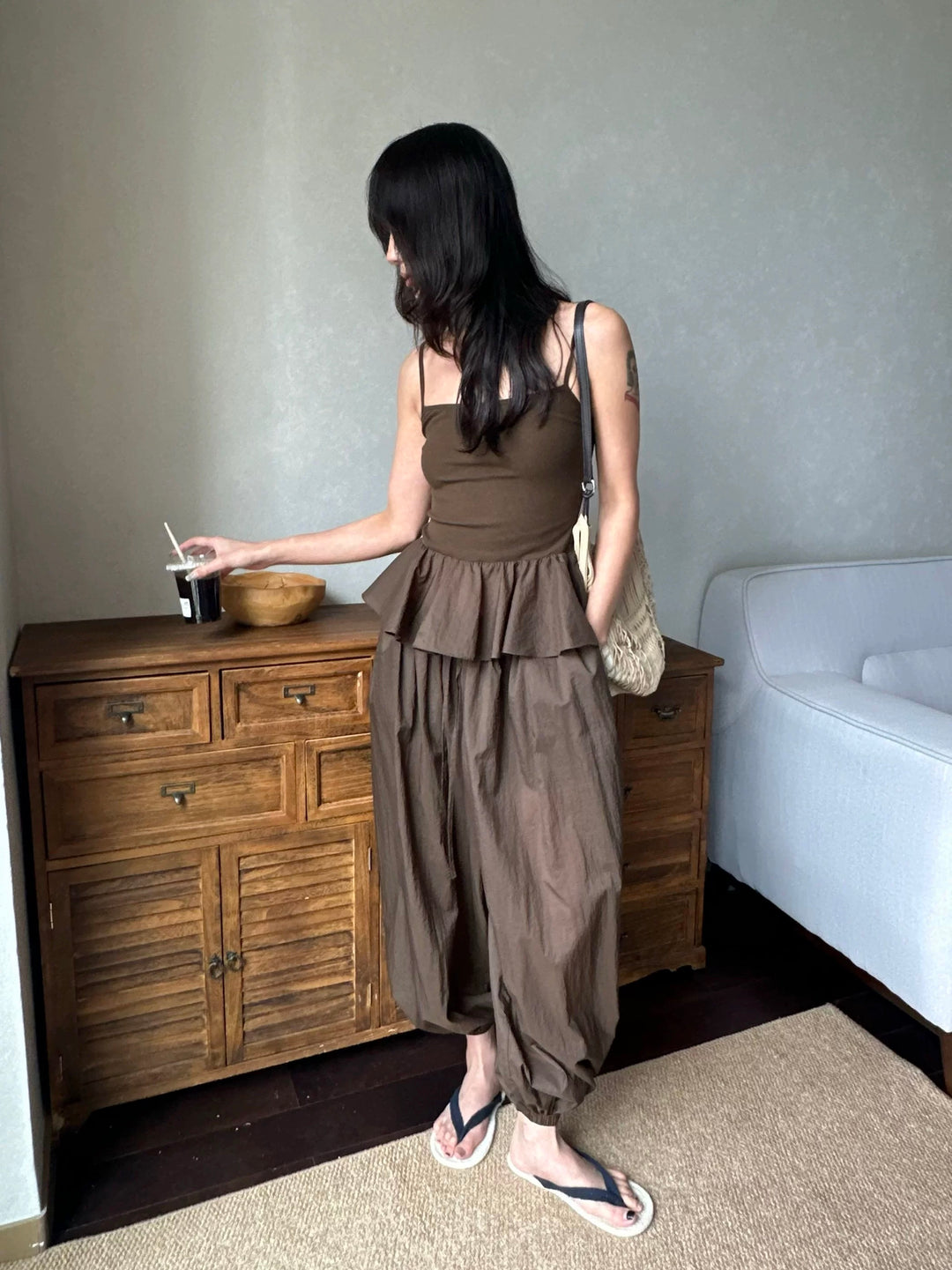 ぺプラムリブ切り替えキャミソールトップス