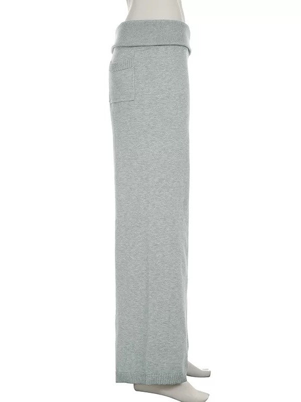 グレーニットフォールドウエストパンツセット