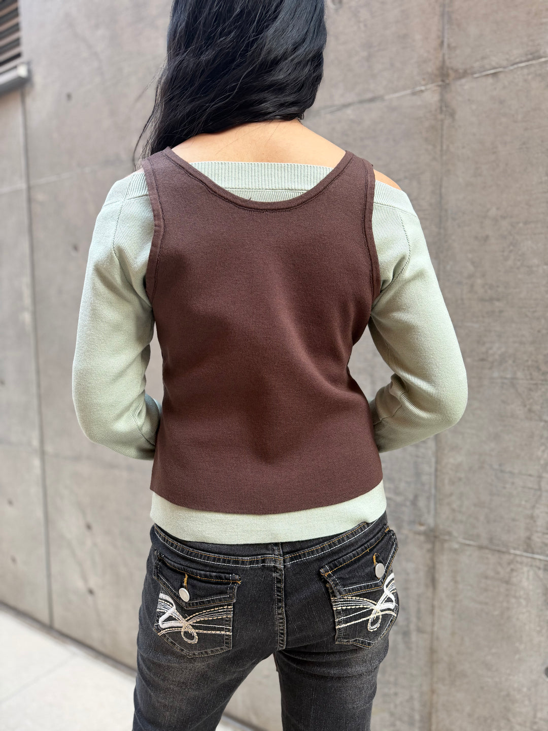 【アウトレット】(即納) レイヤードウエストリボンニットトップス
