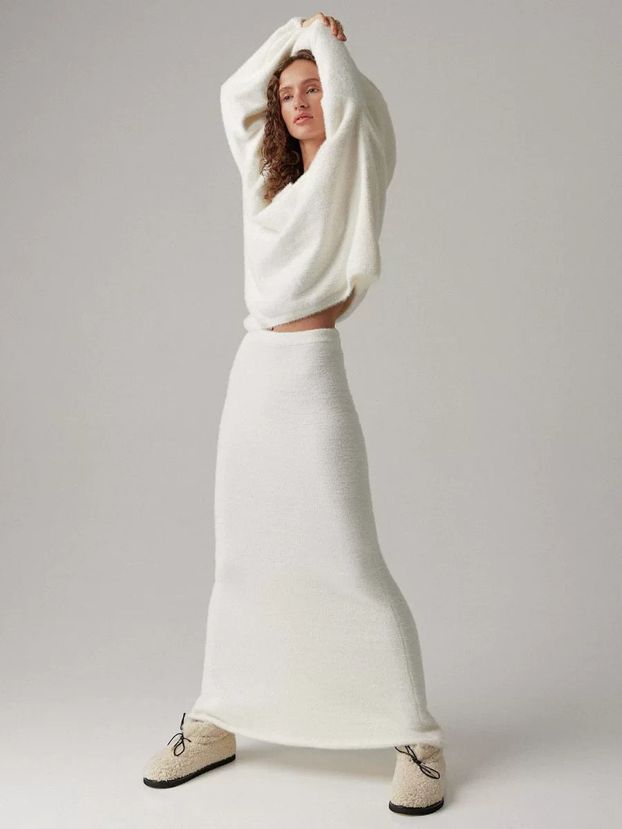 シャギーニットルーズセータースカートセット