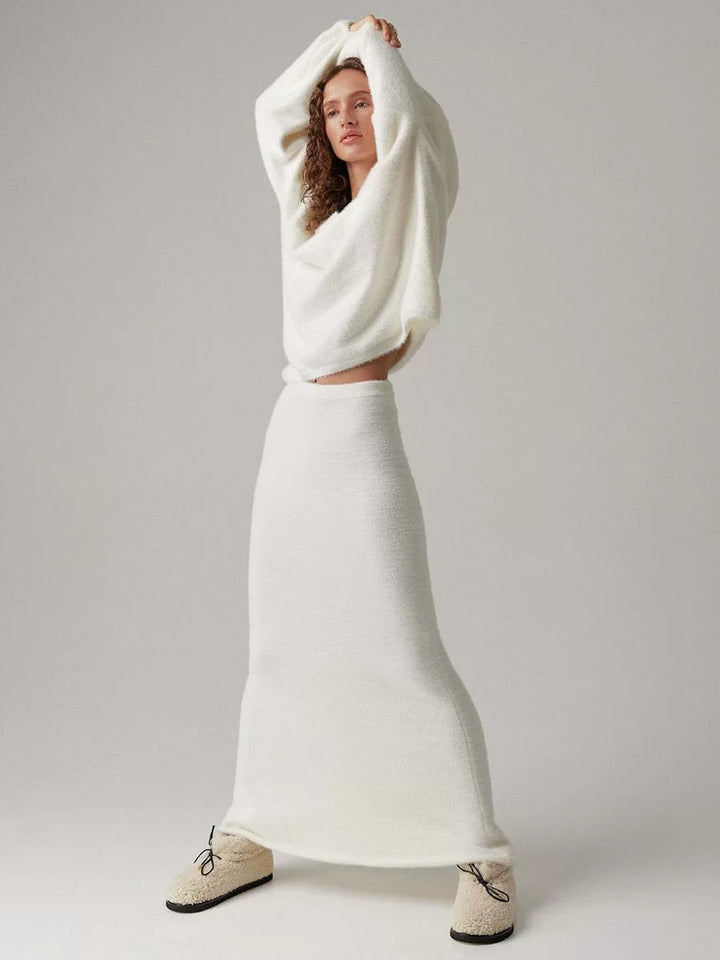 シャギーニットルーズセータースカートセット