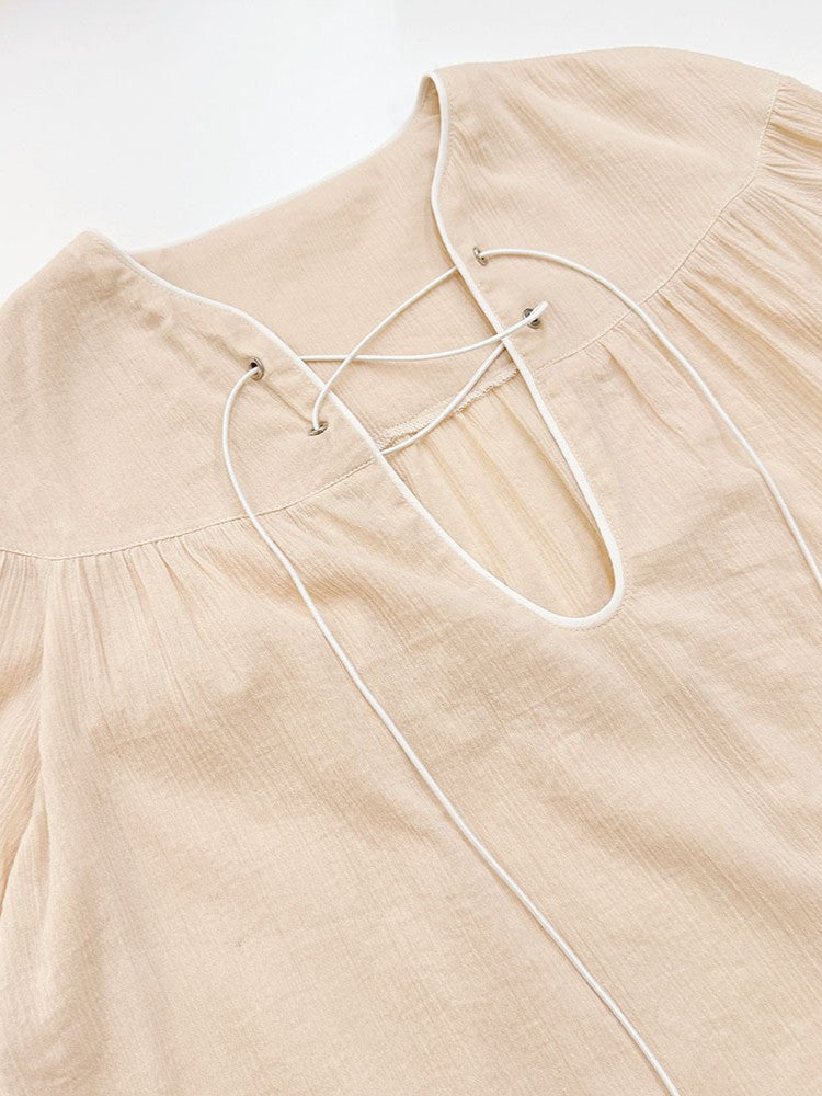 楊柳レースアップルーズブラウス