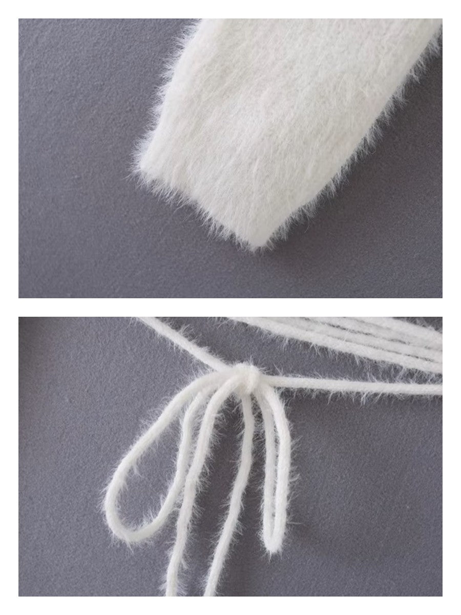 ウエストリボンシャギーニットクロップドカーディガン