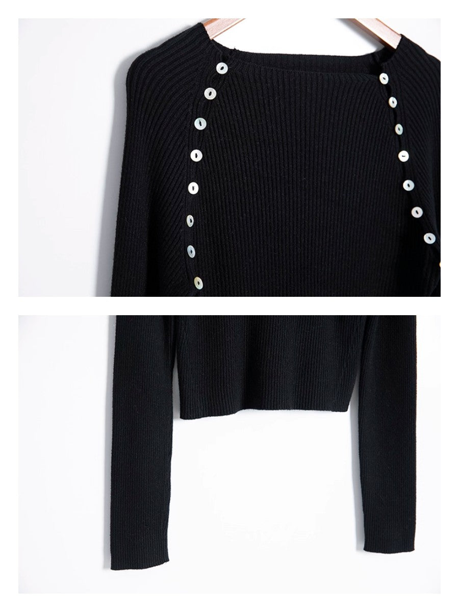 サイドシェルボタンリブニットトップス