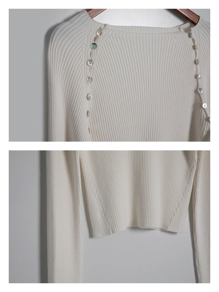 サイドシェルボタンリブニットトップス