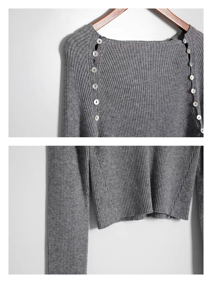 サイドシェルボタンリブニットトップス