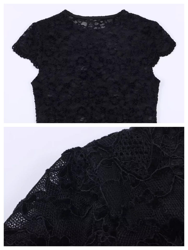 シアーレースコンパクトショートスリーブトップス