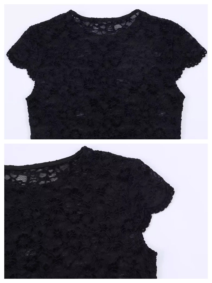 シアーレースコンパクトショートスリーブトップス