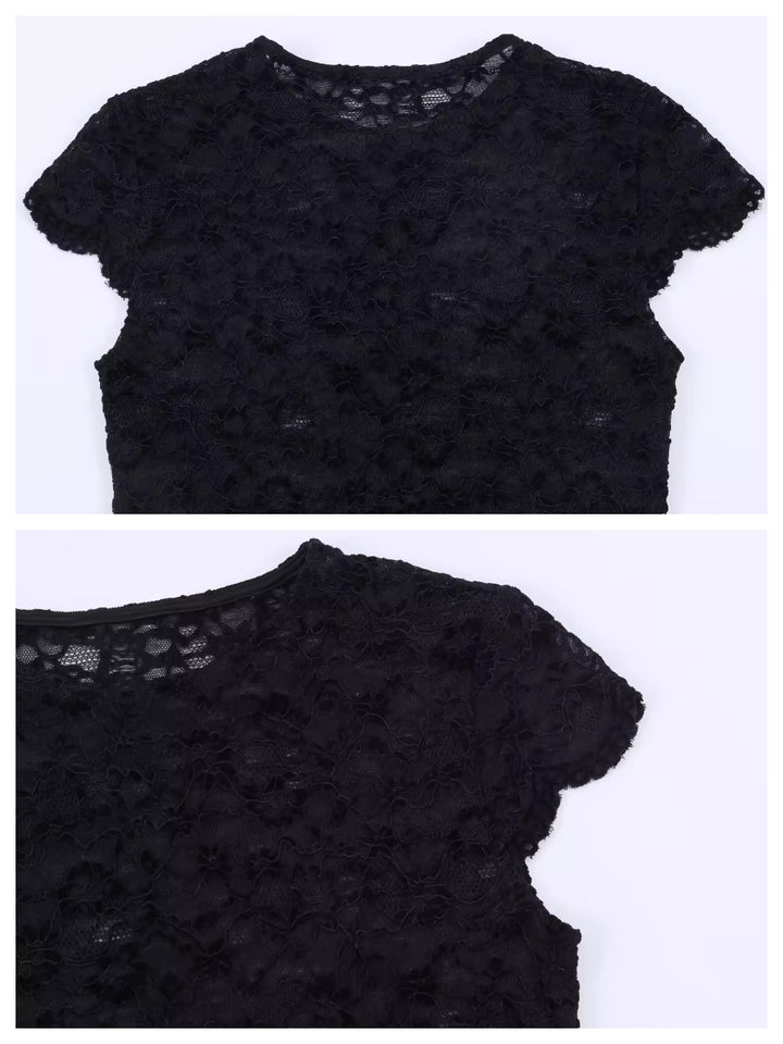 シアーレースコンパクトショートスリーブトップス