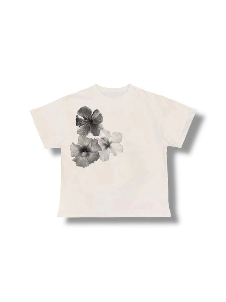 モノクロハイビスカスプリントTシャツ