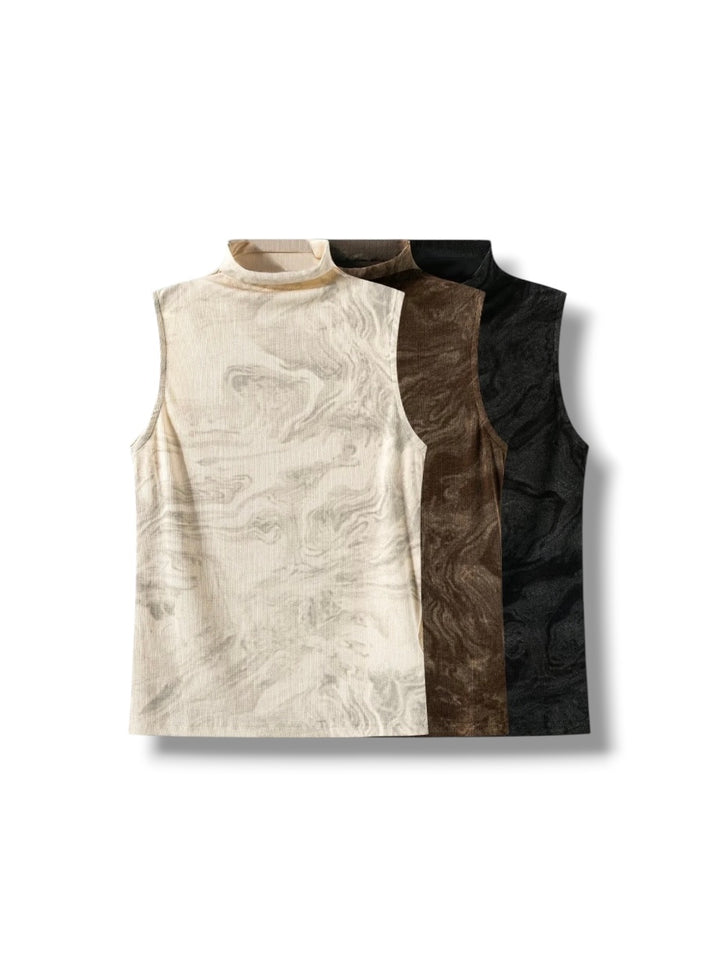 マーブルデザインハイネックスリーブレストップス