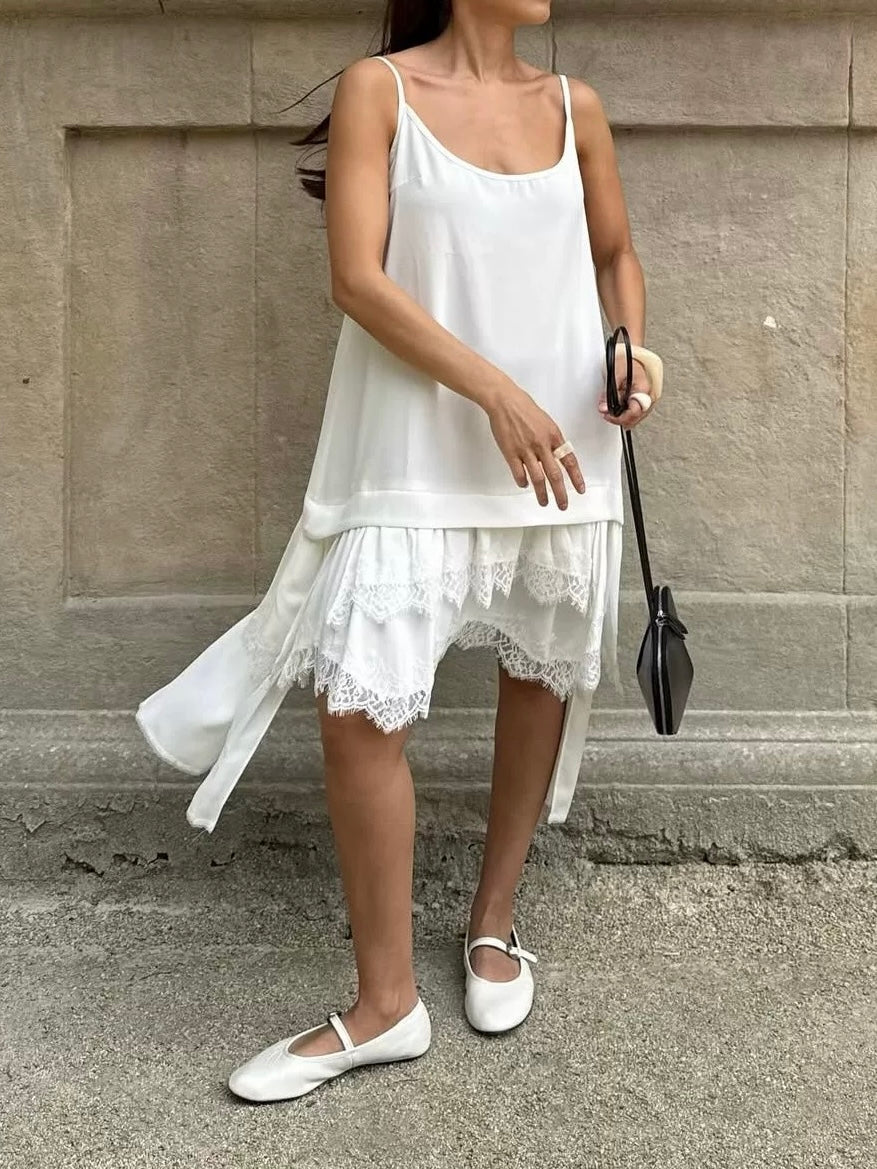 レースレイヤードアシンメトリーキャミワンピース