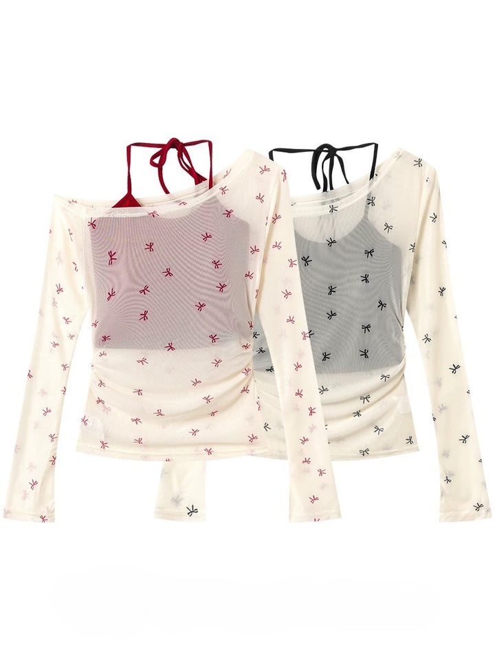 リボン柄シアーメッシュトップスレイヤードセット