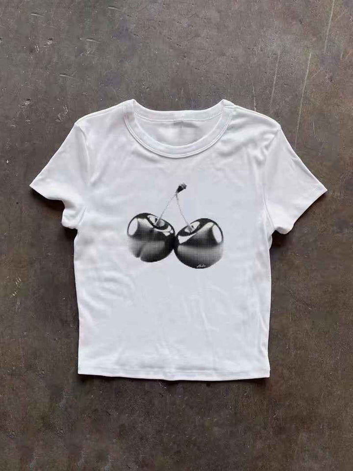 モノクロチェリープリントフィットTシャツ