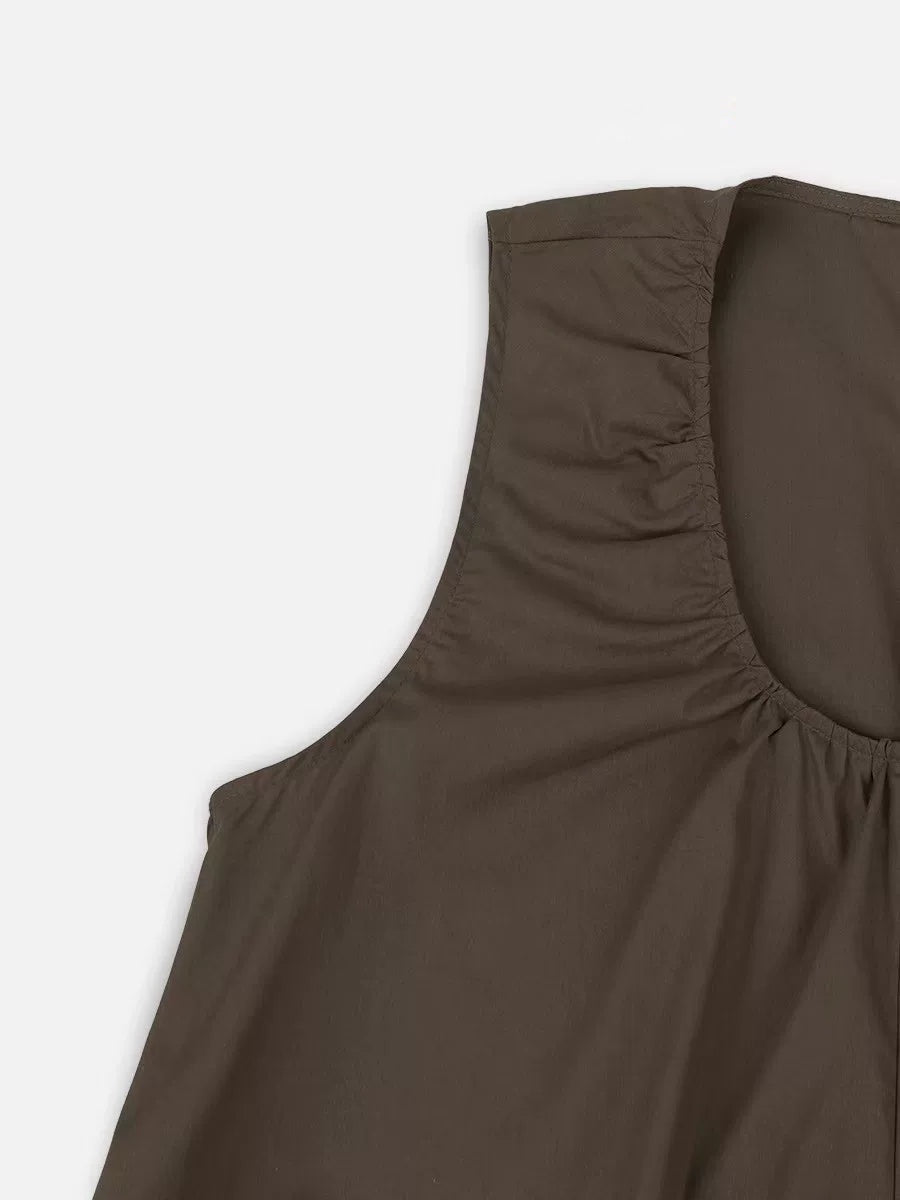 コットンギャザーUネックロングワンピース