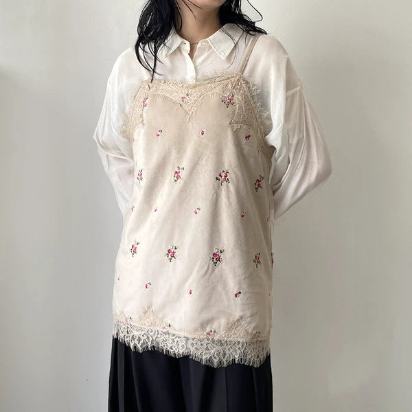 【 Select 】ベロアフラワー刺繍レーストリムキャミソール