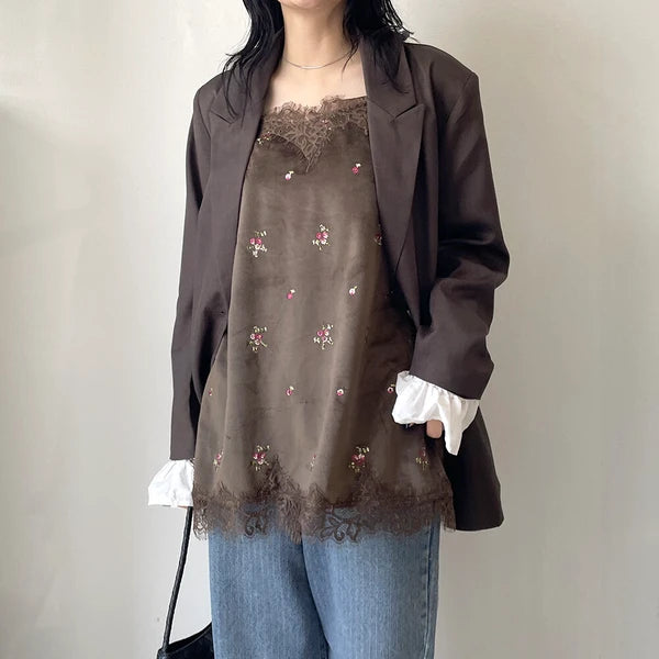 【 Select 】ベロアフラワー刺繍レーストリムキャミソール