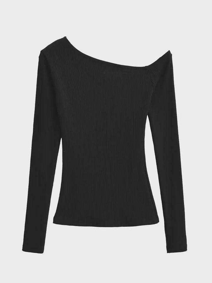 アシンメトリーネックリブトップス