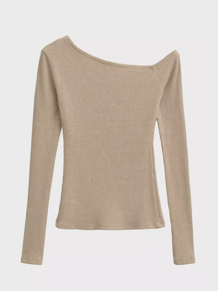 アシンメトリーネックリブトップス