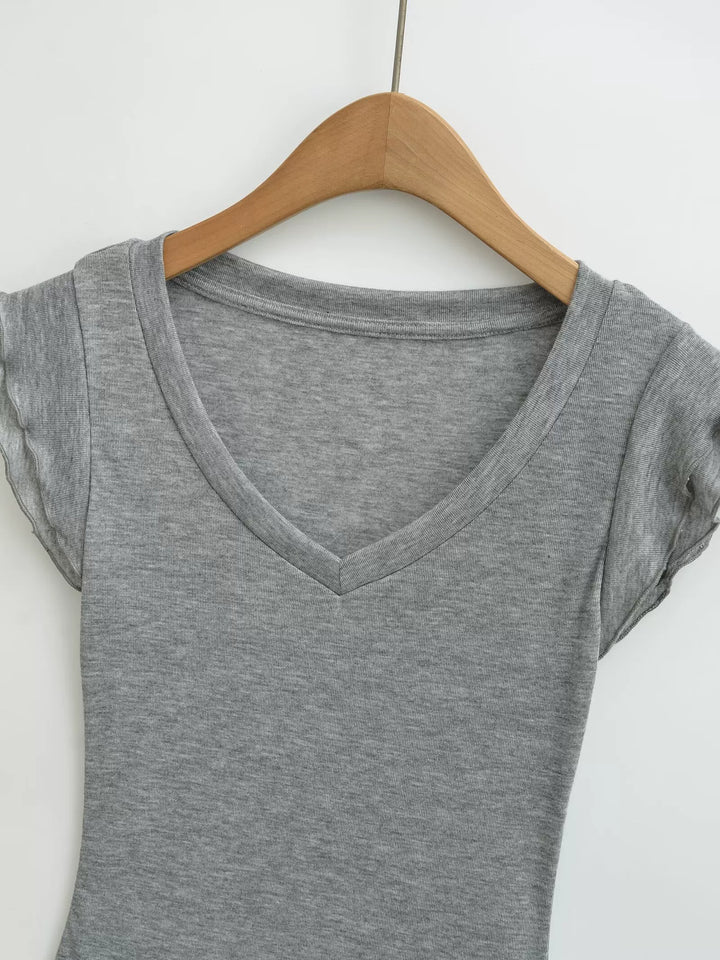 フリルスリーブソフトVネックTシャツ