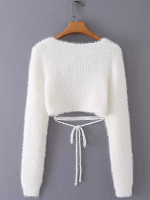 ウエストリボンシャギーニットクロップドカーディガン