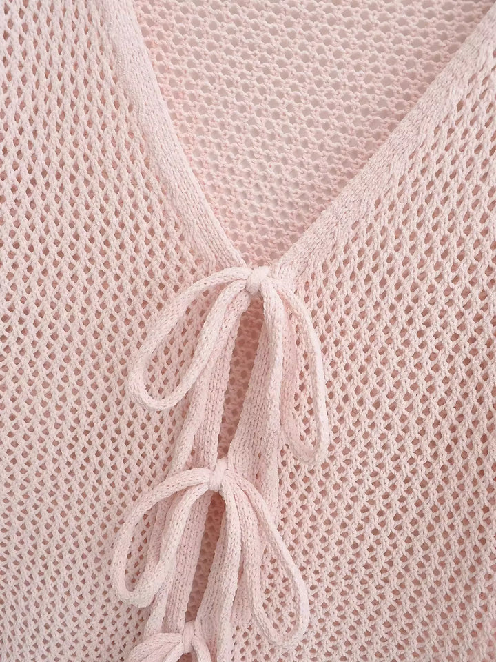 レースアップメッシュニットロングカーディガン