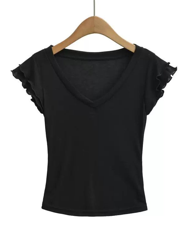 フリルスリーブソフトVネックTシャツ