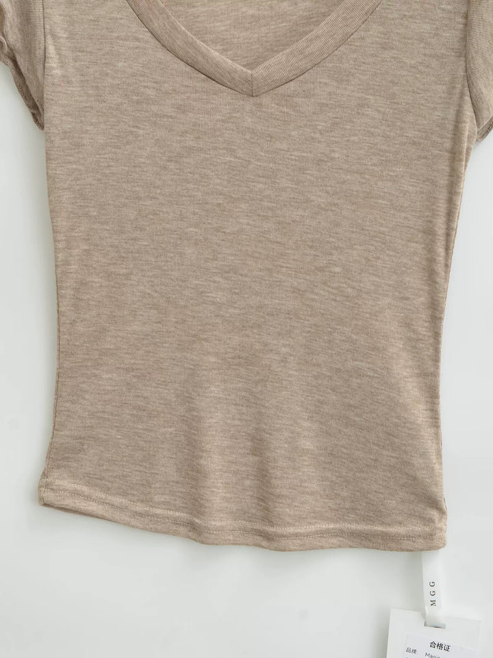 フリルスリーブソフトVネックTシャツ