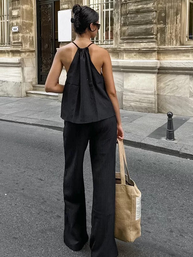 ホルターネックレースアップトップパンツセット
