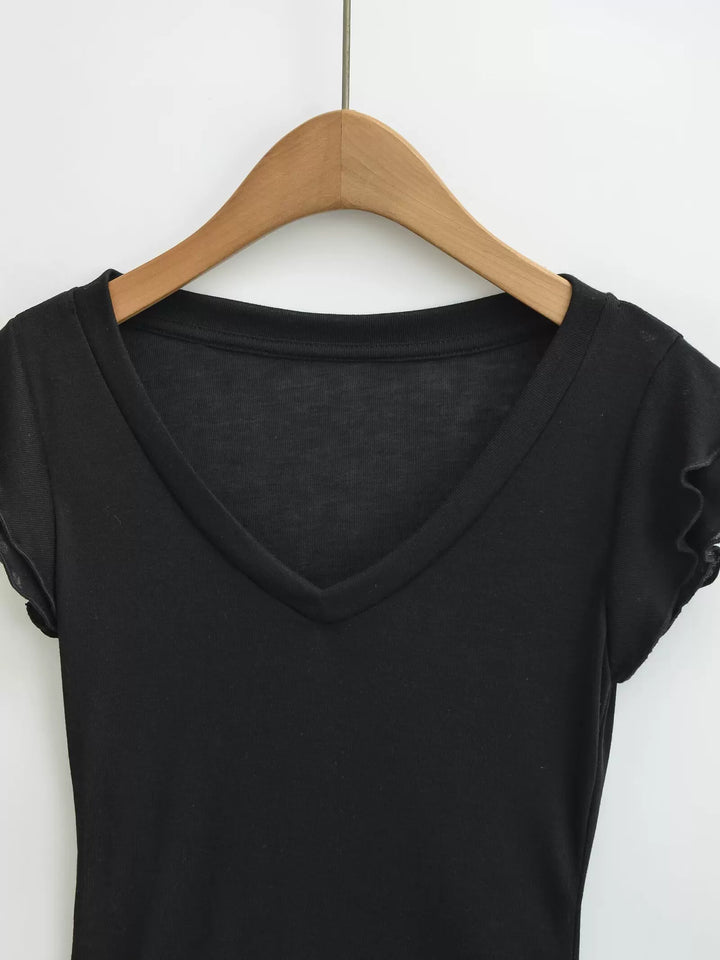 フリルスリーブソフトVネックTシャツ