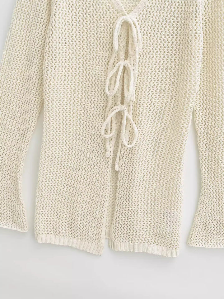 レースアップメッシュニットロングカーディガン
