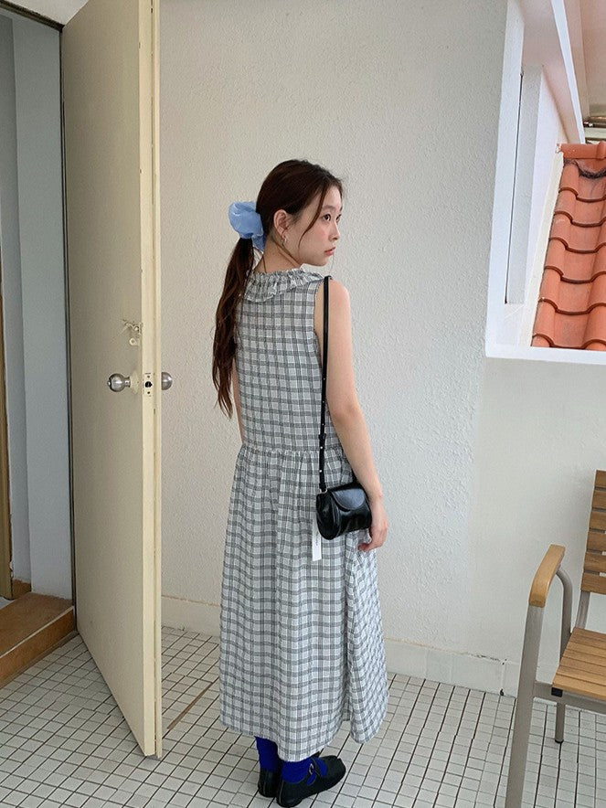 フリルネックチェックフレアワンピース