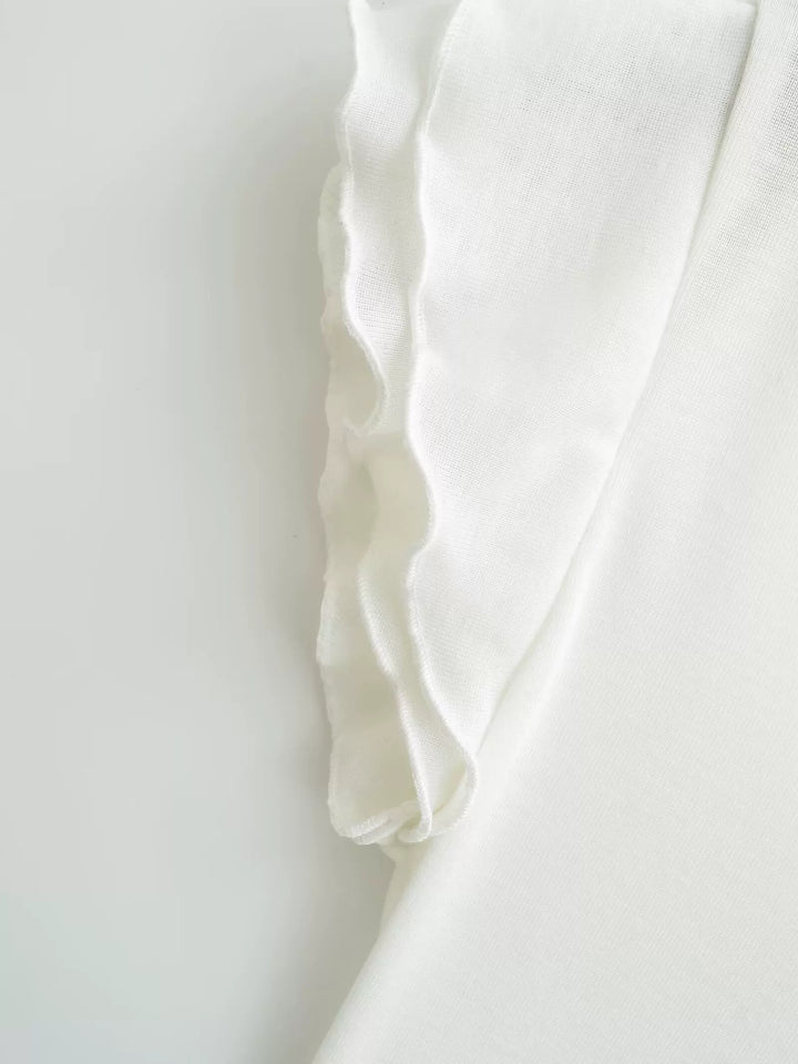 フリルスリーブソフトVネックTシャツ