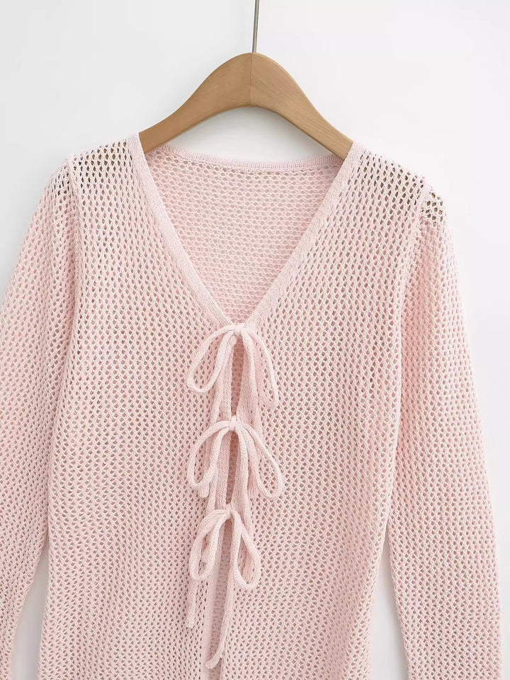 レースアップメッシュニットロングカーディガン
