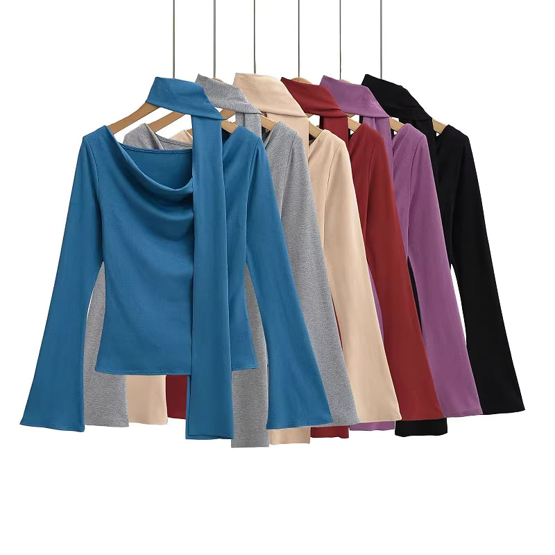 タイ付きドレープネックトップス