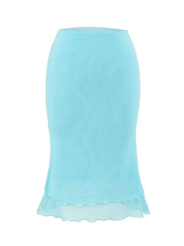 メッシュシアーメロウレイヤードミディスカート