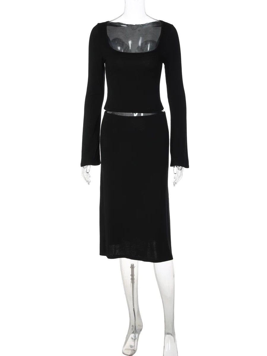 スクエアネックフレアスリーブトップ＆ミディスカートセット